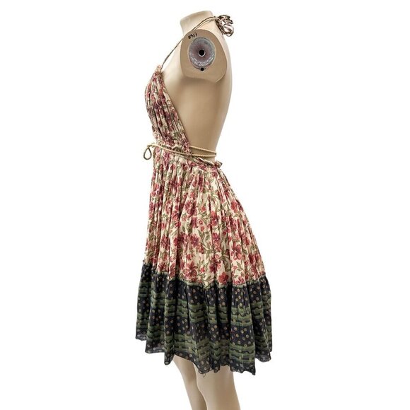 Free People Boho Floral Plunge Halter Neck Swing Sundress Rope Tie Waist Women M - Picture 9 of 9